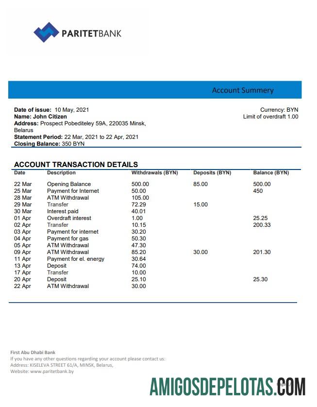 Belarus Paritet extrato bancário amostra